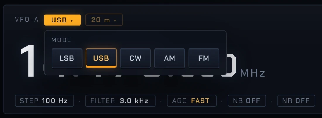 VFO card with the MODE menu open: LSB, USB, CW, AM, FM